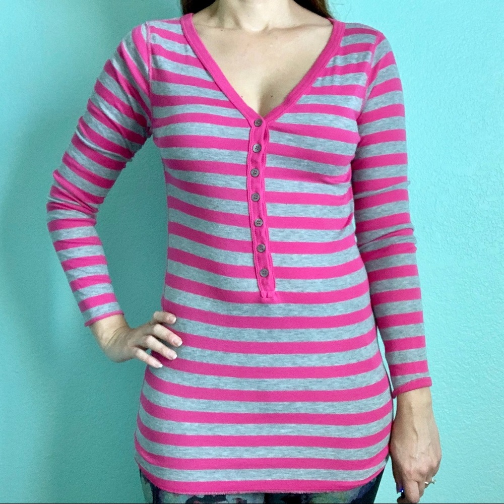 Michael Stars pink & gray striped henley tee